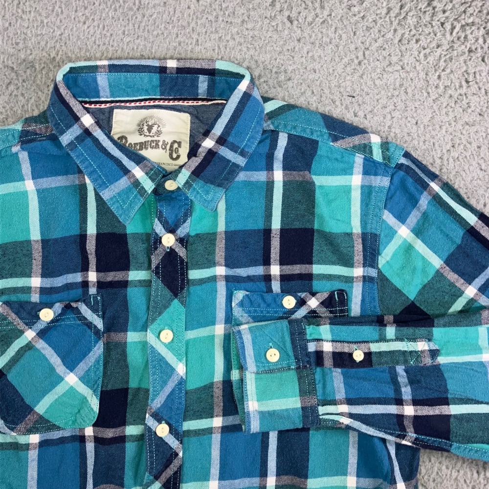 Roebuck & Co Flannel Shirt Men XL Teal Blue Plaid L/S‎ Button Up Outdoor Western